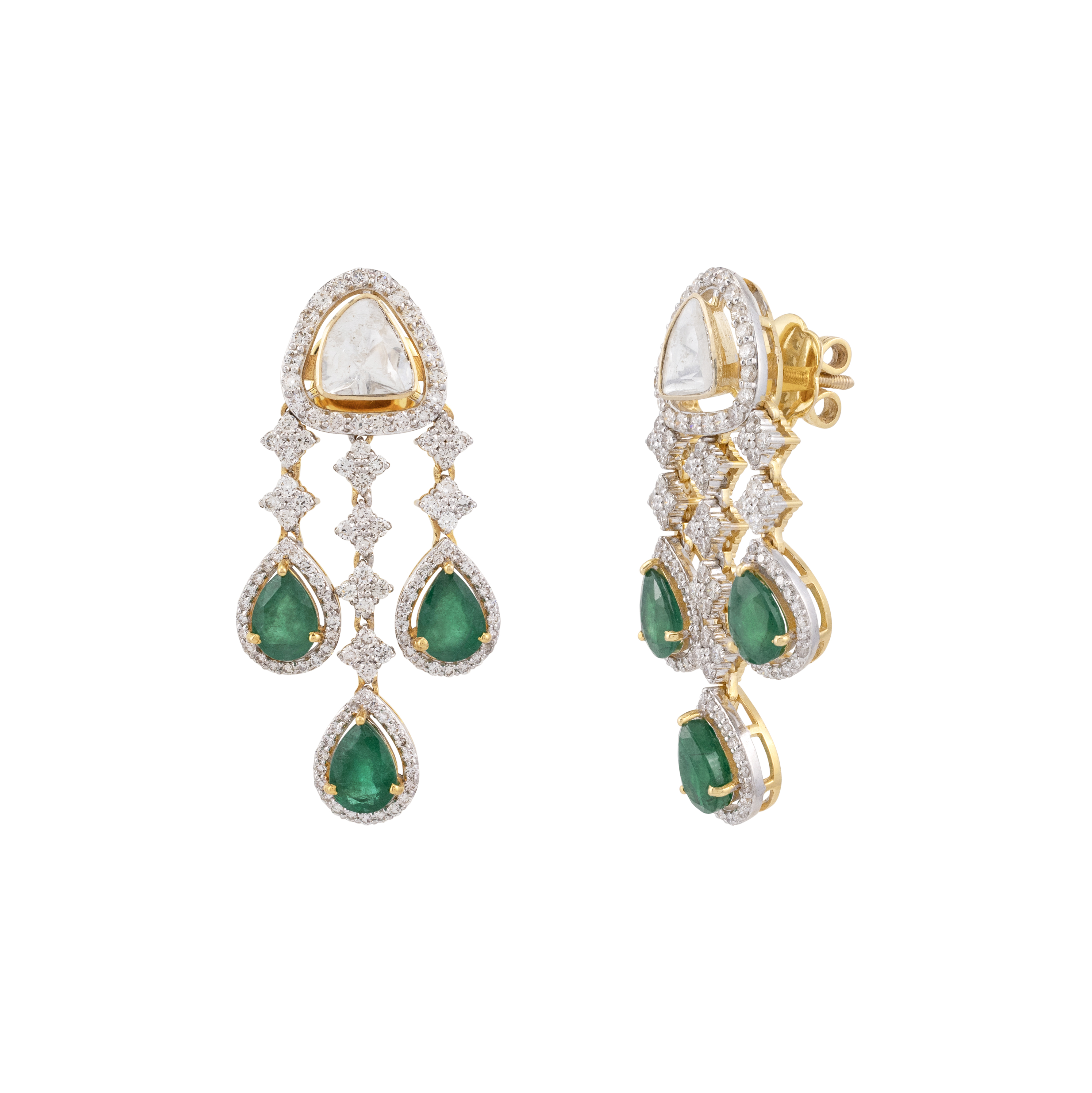 Polki and Zambian Emerald Drop Earrings with Diamond Accents